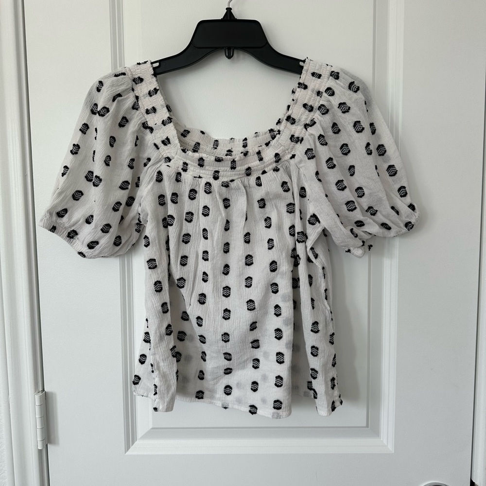 Faith & Zoe over shoulder White Blouse with Black Dots